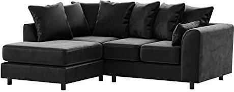 Furnishings For Less UK Black Corner Sofa | Brooklyn Dark Plush Velvet 4 Seater L Shaped Corner Sofa Full Foam seating LH (Black, Left Hand Facing)