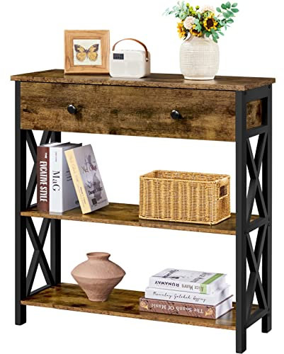 Yaheetech Console Table, Hallway Table with Drawer & Storage Shelves, 3-Tier Sofa Side Table with Metal Frame for Living Room, Bedroom, Entryway, X-Shaped Design, 80x29.5x81cm, Rustic Brown