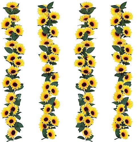 4 Pack 7.3 FT Artificial Sunflower Garland, Flower Garland Realistic and Odorless, Silk Sunflowers Vine for DIY Wreath Garden Arched Fence Balcony Garden Party Wedding Wall Decoration