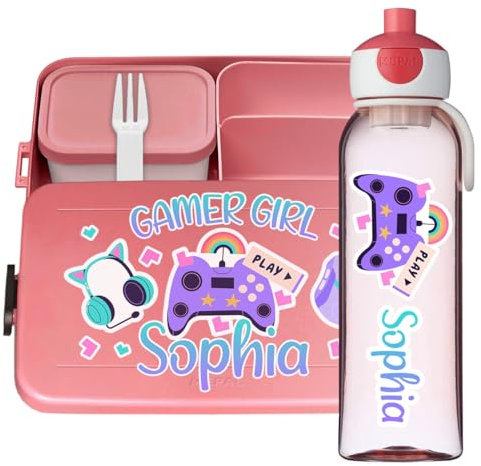 Lunchbox Set für Kinder Jungen zur Schule Personalisiert mit Namen Brotdose Wasserflasche Trinkflasche BPA frei Essen für Unterwegs mit Gabel und Bento Fach To Go Gamer Girl [153]
