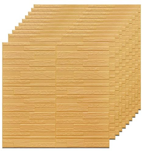 HAILM 3D Wall Panels for Interior Decor, Self Adhesive Textured Wallpaper, Elastic Foam Wall Covering Panels, Sound Proof Panels for Home and Office (10 PCS/4.9SQM),Gold