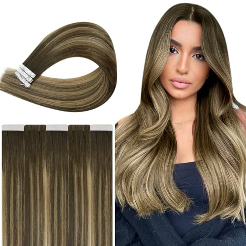 RUNATURE Virgin Echthaar Extensions Tape Injection Haar Braun Balayage 35cm Haarverlängerung Echthaar Injected Tape Braun blond Tape in Intact Haar Extensions Echthaar 10g 5Pcs Farbe #4/27/4