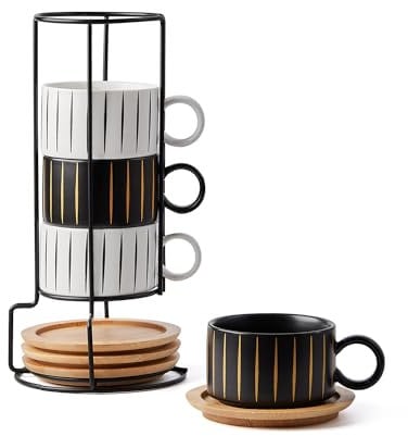 HOME DECOR Stackable Ceramic Coffee Cup, 160ml Cappuccino Mugs and Saucer with Metal Stand for Espressos, Cappuccinos and Lattes Cup, Set of 4 - Striped Collection