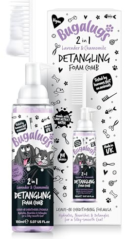 BUGALUGS - Entwirrungsspray ohne Ausspülen für Hunde – 250 ml – Lavendel und Kamille – gegen Verknoten – beruhigende Pflege – weiches und glänzendes Fell – Vegan – ohne Sulfate – empfindliche Haut