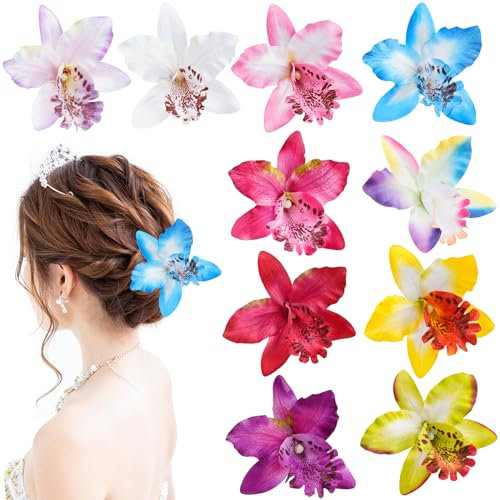 10 Pièces Hawaii Fleur Pince Cheveux Femme, été Barrette Cheveux Fleur Fille, Pince à Cheveux Fleur Clip pour Coiffure de Carnaval Danseuse Piscine Plage Fête Mariage (10pcs Fleur-1)