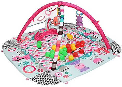 Spielmatte für Babys, Babyspielmatte für Bodenspiel, Krabbeldecke Baby mit Spielbogen abnehmbarem Babyspielzeug und kleiner Ball (Rosa-A)