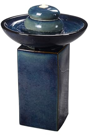 Blue Ceramic Fountain with Submersible Pump and Warm White LED Lights