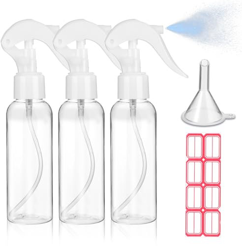 Gjinxi 3 Botellas De Spray Pequeñas Botellas De Plástico De Niebla Fina Vacías Transparentes De 100ml Botellas De Spray Vacías Recargables Con Etiquetas De Embudo Recipientes Recargables