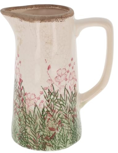 Shudehill Giftware Wild Garden Pretty Floral Pink & Green Design Vase With Neutral Background - Jug, Bouquet or Modern Shape (Jug)