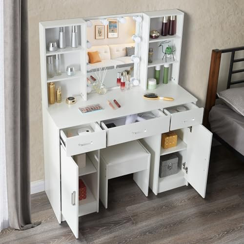 Large Dressing Table with LED and Mirror, Adjustable Brightness, 3 Color Temperatures, Vanity Table with 3 Drawers for Daughter, 40x100x140 cm