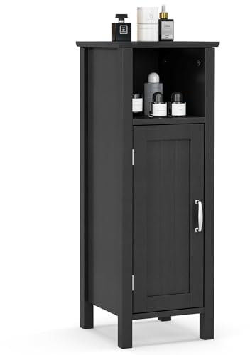 COSTWAY Bathroom Floor Cabinet, Freestanding Narrow Storage Cupboard with Single Door and Adjustable Shelf, Wooden Slim Bathroom Unit Side Cabinet for Living Room Hallway, 30x30x80cm (Black)