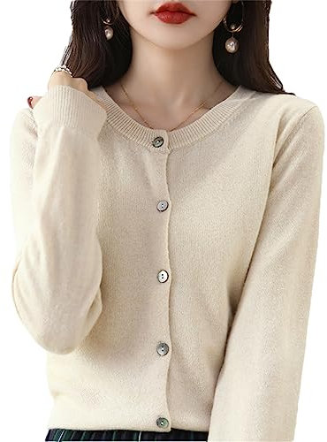Cardigan da donna in cashmere girocollo, a maniche lunghe, tinta unita, morbido, beige