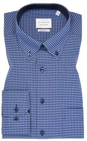 ETERNA Herren Langarm-Hemd | Comfort Fit | Blau kariert | Bügelfrei, Knitterfrei | 100% Baumwolle | Button-Down-Kragen Gr. 42