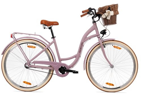 Goetze Style 28 Zoll Damen Citybike, 18 Zoll Aluminiumrahmen, Tiefeinsteiger, 3-Gang Nabenschaltung, Rücktrittbremse, LED-Beleuchtung, Gepäckträger, Komfortsattel, Rattankorb mit Stoffeinsatz!