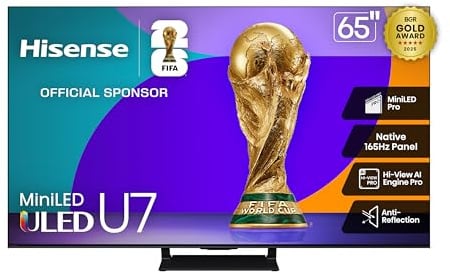 Hisense Google Smart TV Classe U7 Mini LED ULED 4K UHD 65 (65U75QG, modèle 2025) – QLED, natif 165 Hz, VRR 288, jusqu'à 3000 lentes, HDR10+, Dolby Vision IQ · Atmos, IMAX amélioré, 2.1.2 Ch Surround