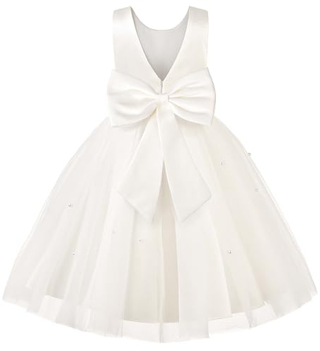Uhnice Abito da Damigella d'Onore da Bambina, Abito da Principessa in Tulle, Senza Maniche, Schiena a V, con Fiocco, Abito Elegante per Matrimonio e Compleanno