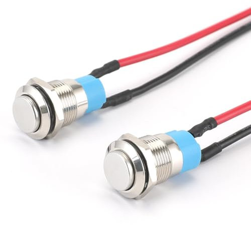 2 Stück 12mm Wasserdicht Schalter,druckschalter, Selbstsichernder Edelstahl taster schalter 12v /230v Geeignet für Hupen, Autoklingeln, Autos usw Mit Draht
