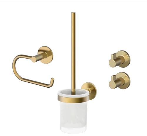 Lenz Bad-Accessoire-Set Juna in Gold – 4-teilig – Toilettenpapierhalter, WC-Bürstengarnitur und Zwei Handtuchhaken – Zum Kleben oder Bohren – Mit Anti-Fingerabdruck Oberfläche – 4190041