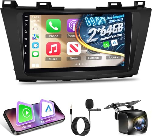 Android Autoradio für Mazda 5 2011-2013 mit Kabelloses Carplay und Android Auto, 9 Zoll HD Touchscreen Autoradio mit GPS/WiFi/Bluetooth/EQ/FM RDS