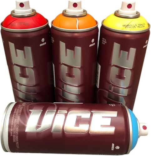 VICE MTN Peinture en Spray Professionnelle, Lot de 4 Bombes de 400 ml, Haute Pression, Séchage Rapide, Couleurs Rouge, Orange, Jaune et Bleu, pour Art Urbain et Graffiti