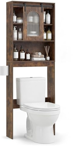 RELAX4LIFE Over the Toilet Storage Cabinet, Freestanding Toilet Rack with Toilet Paper Holder, Sliding Doors and Open Storage, Wooden Bathroom Storage Shelf for Laundry Room (Rustic Brown)