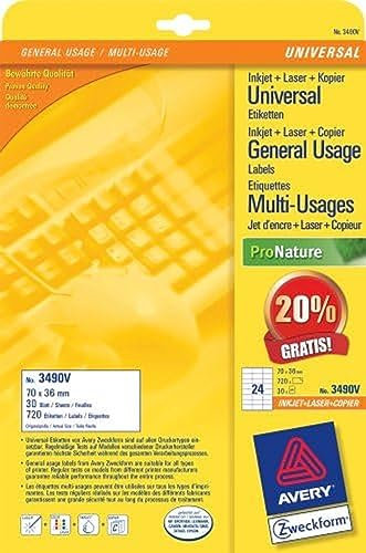Avery Zweckform Universal-Etiketten, Inkjet, Laser, Farblaser, Kopierer, weiss, 70x36mm, 720 Etiketten, 20% mehr Inhalt gratis Value-Promotion
