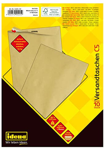 Idena 10225 - Versandtaschen DIN C5, 10 Stück haftklebend, Briefumschläge ohne Fenster, aus 90 g/m² FSC-Recycled Papier in Braun