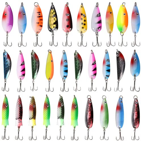 30pcs Fishing Spoon Spinnerbaits Mixed Colorful Metal Casting Fishing Spinner Baits Spoon Fishing Lures Sharp Treble Hooks Tackle Kit (NK304)