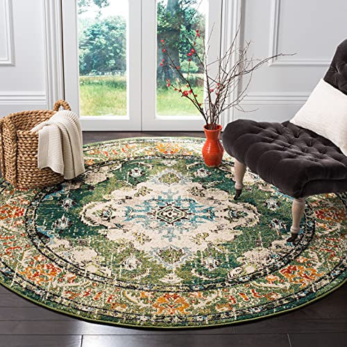 SAFAVIEH Boho Teppich für Wohnzimmer, Esszimmer, Schlafzimmer - Monaco Collection, Kurzer Flor, Waldgrün und Hellblau, 201 X 201 cm