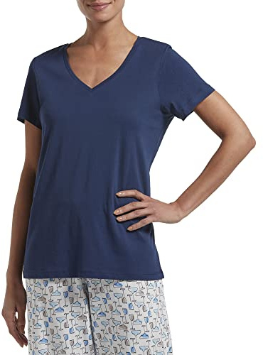 HUE Women's Basic Short Sleeve V-Neck T-Shirt for Lounging Or Sleeping, Made with Temperature Regulating Technology, Medieval, X-Large