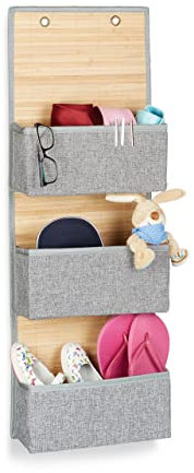 Relaxdays Hängeaufbewahrung Bad und Flur, 3 Fächer Türgarderobe 94 x 33 x 12 cm H x B x T, Bambus und Stoff, grau