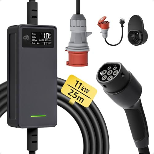 dé Mobile Wallbox 11kW |3-phasig|25m|6-16A |Einstellbare Ladeleistung|, Ladekabel CEE 16a auf Typ 2 und Mobile Ladestation 11kW für ID.3, ID.4, ID.5, Model Y, Model 3, e-up, e-tron andere EV