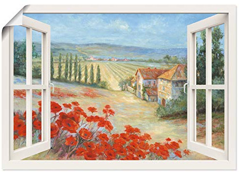 ARTLAND Wanddeko Poster & Kunstdrucke Wandposter 100x70 cm Fensterblick Landschaft Toskana Italien Mohnblumen Blumen Natur C8ZS