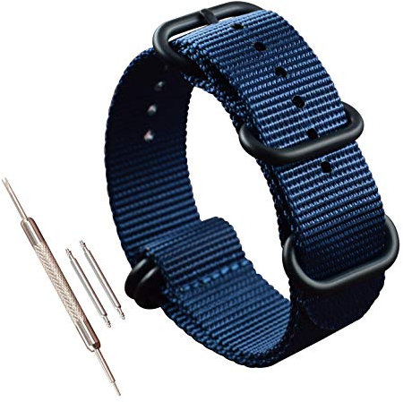 MZBUTIQ 22mm Blau Uhrenarmband Watch Band Dickes Nylon für Herren Matte Schwarze Schnalle 5 Ringe