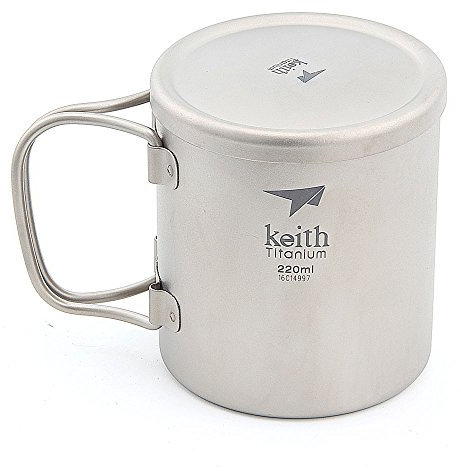 Keith 220ml-600ml Double Wall Titanium Insulated Mug with Titanium Lid Water Mugs Folding Handle Outdoor Camping Travel Tableware Utensils (Ti3351-220ml)