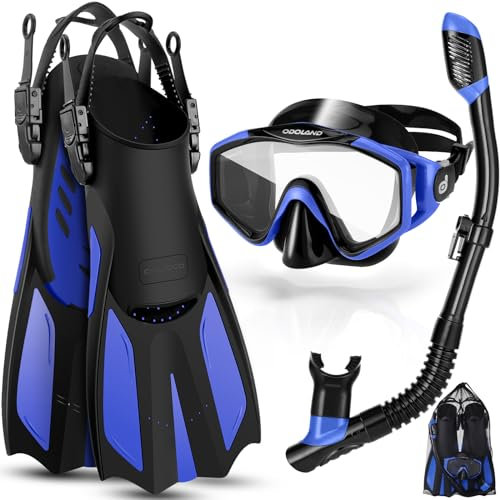 Odoland Set Snorkeling 3 in 1 con Maschera Snorkeling con Vista Panoramica 180°, Boccaglio Asciutto, Pinne Regolabili, Attrezzatura Subacquea per Adulti, Blu, S/M
