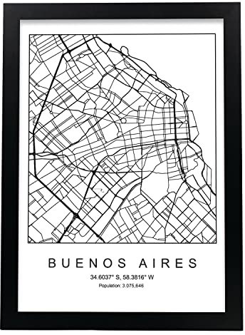 Nacnic Druck Stadtplan Buenos Aires skandinavischer Stil in Schwarz und Weiß. A3 Größe Plakat Das bedruckte Papier Keine 250 gr. Gemälde, Drucke und Poster für Wohnzimmer und Schlafzimmer