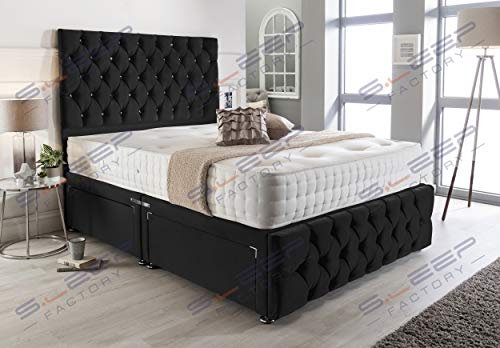 Sleep Factory's Black Plush Velvet Chesterfield 2 Drawer Divan Bed Set, Mattress & Headboard (4.6FT (Double))