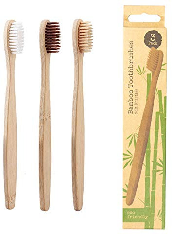 Paquete de 3 cepillos de dientes de bambú de madera orgánica ecológica y natural, biodegradables, sin BPA, cerdas suaves medias, regalos ecológicos para el hogar y viajes (cepillos de dientes de