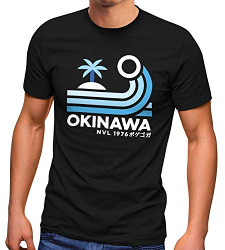 Neverless® Herren T-Shirt Japan Okinawa Schriftzug Retro Palme Welle Fashion Streetstyle schwarz M