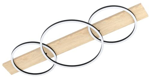 EGLO LED Deckenleuchte Boyal, 3 flammige Deckenlampe aus Holz, Metall, Kunststoff, Wohnzimmerlampe in Natur, Schwarz, Weiß, LED Flurlampe Decke warmweiß, L 101 cm