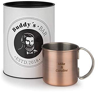 Buddy´s Bar - Moscow Mule Becher 450 ml mit Gravur, bis zu zwei Zeilen mit individuellem Text, hochwertiger Edelstahl-Becher, inklusive Geschenkbox, Kupfer Antik, 1 Stück