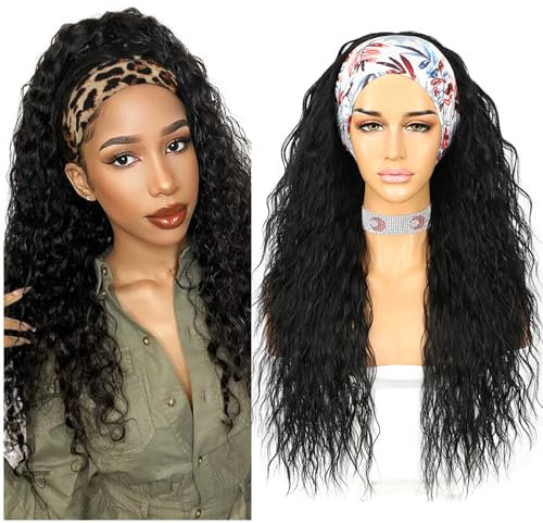 Sapphirewigs Lockige Stirnband Perücke lange schwarze synthetische Perücken für Frauen lose Wasser Welle Stirnband Haare Kleberlos 150% Dichte 26 inch