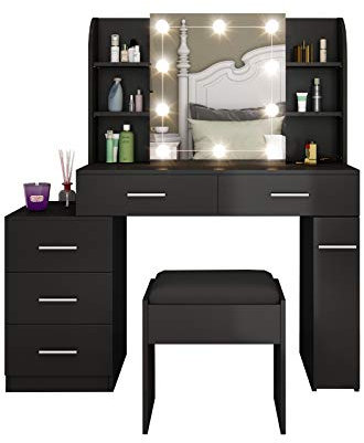 Dressing Table, Black Dressing Table with Mirror and Stool, Elegant Vanity Table with LED Lights & 5-Drawer Storage, Modern Makeup Desk with Cushioned Seat for Girls Bedroom Organisation