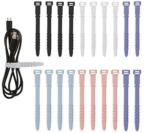 SAVITA 20pcs Silicone Cable Ties, 4.5inch Cable Ties Reusable Zip Ties Elastic Silicone Cord Organizer Straps Ties for Charging Cables USB Cables Earphones Line(Black, White, Blue, Pink, Purple)