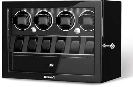 DUKWIN Watch Winder for 2/4/6/8 Automatic Watches, Lockable Watch Winder with Jewelry Storage, Quiet Mabuchi Motor with Piano Lacquer Finish, Built-in Illumination