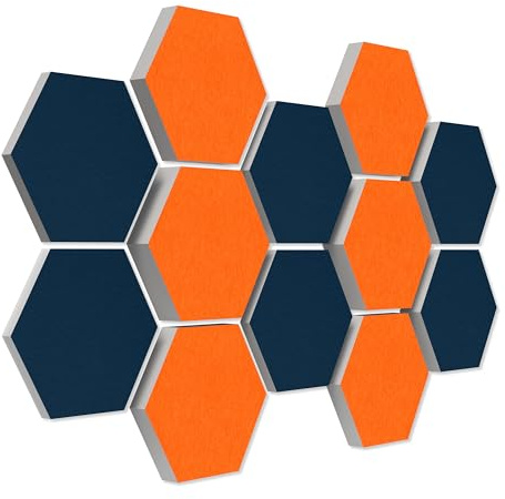 platino24 Akustikpaneele 12 Elemente Colore Waben Ø 30 cm Orange + Nachtblau I Schallabsorber aus Basotect® G+ mit Akustikfilz I Schalldämmung Wand & Decke I Akustikelement Wandpaneel