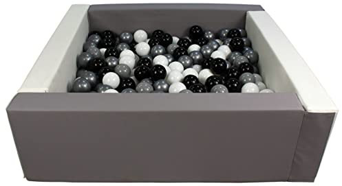 Velinda Piscine à balles carrée avec 300 balles, Cuir écologique, 5 éléments (Couleur de la Piscine/de balles: Blanc, Gris/Noir, Blanc, Gris, Argent)