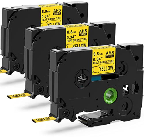 3x MarField HSe-621 8.8mm Schrumpfschlauch Schriftband Kompatibel mit Brother P-touch HS HSe621 Heat Shrink Tube Bänder Schwarz auf Gelb Etikettenband für PT-E110 E300/VP E550W/WVP P750WVP
