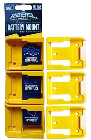RebelToolCo Battery Holder Wall Mount (6 Pack) Battery Holder Mounts. Compatible with 20V & 60V DeWalt Cordless Batteries. Tool Holder Storage Organizer for Battery, Accessories, & Tool Organization.